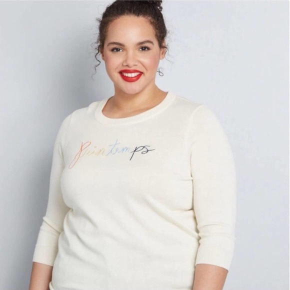 MODCLOTH Women's Cream Printemps Charm School Pullover Sweater 2X Plus Size - Picture 1 of 8